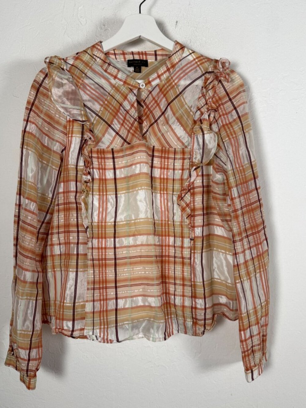 Current Air Anthropologie Polly Organza Plaid Ruffle Blouse Top Metallic Medium